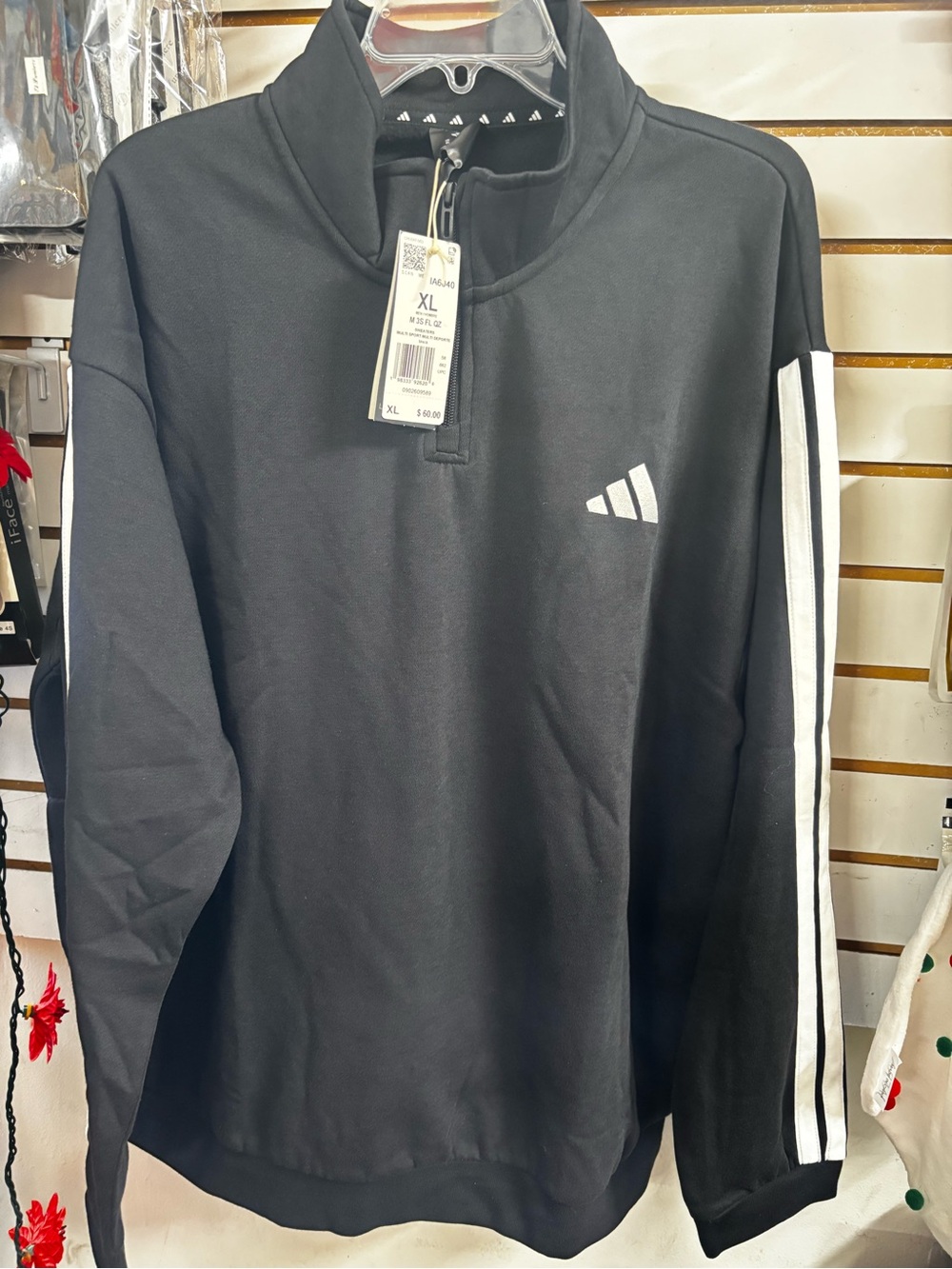 adidas Black Pullover Quarter-Zip with White Stripe
